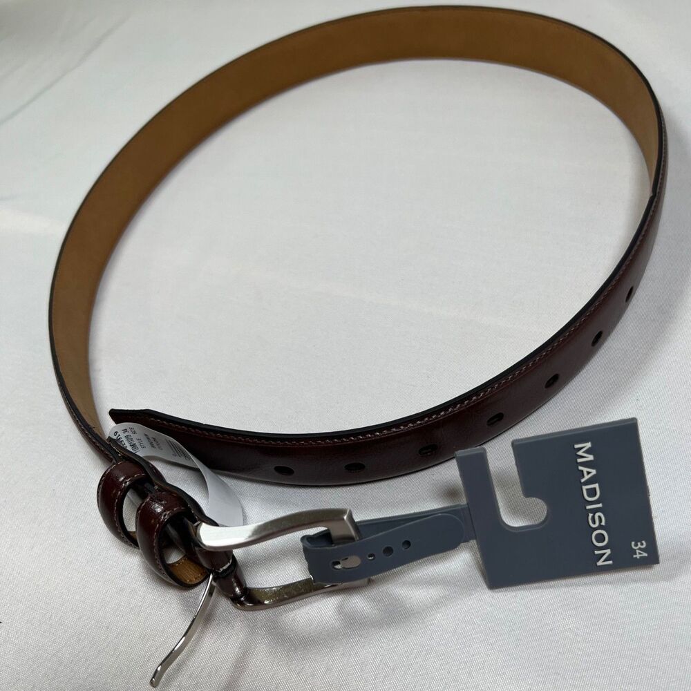 Madison Belt Mens Brown Coated Leather Dress Silver Buckle Size 34